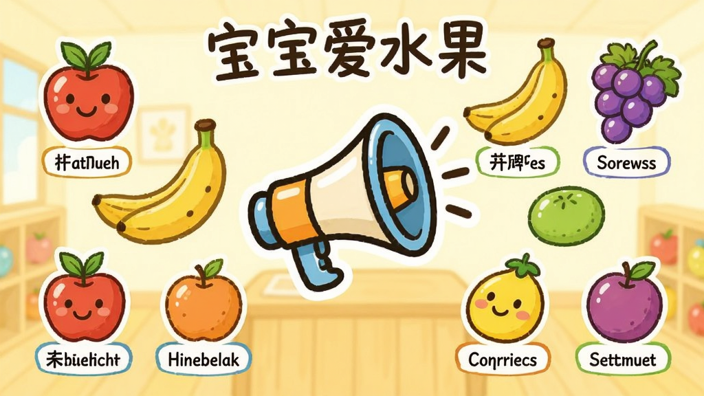 画面中央有一个卡通喇叭图标,周围环绕着苹果、香蕉、葡萄等水果,每个水果下方有中英文名称标签,背景是淡黄色的儿童教室风格,卡通手绘,布局对称,画质清晰干净,无多余元素,带有文字“宝宝爱水果”