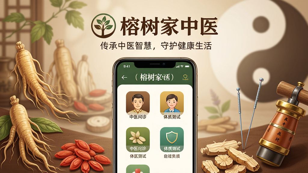 ���壺�ֻ���Ļչʾ��������ҽAPP���棬����������ҽ������ʲ��Եȹ���ͼ�꣬����Ϊ��͵���ҽ��ҩ������ͼ�������֣��ֻ����У���Χ�����Ÿ�����ҩ�����˲Ρ���轡����飬�Լ���ҽ���ƹ�������ġ���ޡ��Ű棺���������Ϸ��С���������ҽ��������logo���·��С�������ҽ�ǻۣ��ػ���������ı�����дʵ��廭��ϣ�ɫ����ů�����ء�����Ϊ��ɫ����������ҽ��ͳ��ζ��ϸ�ڣ�����ͼ��������ҩ������ϸ�壬������ͣ�ͻ��רҵ�������С����ʣ�������Ⱦ���ɾ����޶���Ԫ�ء�