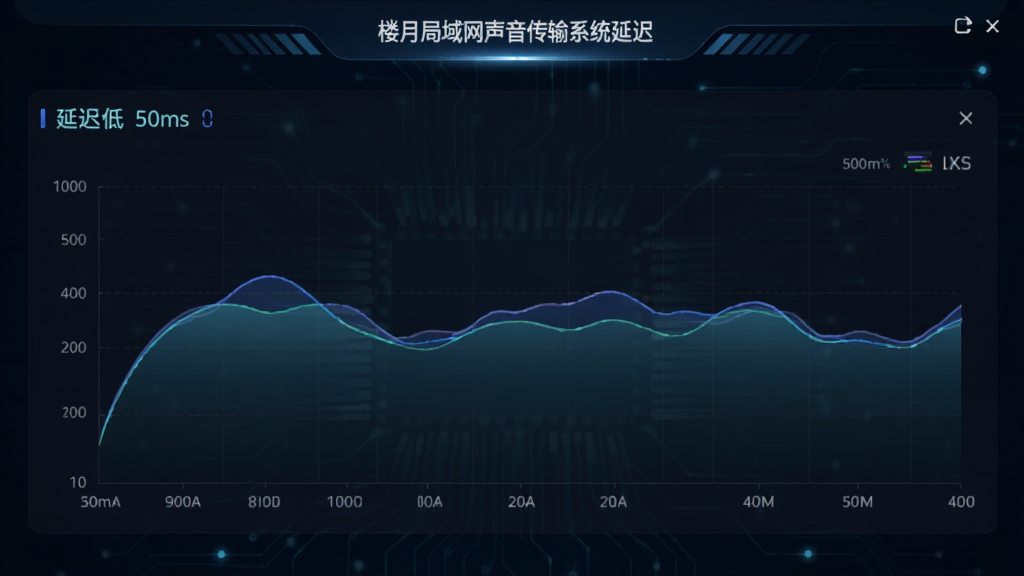 楼月局域网声音传输系统延迟数据显示界面,实时图表显示延迟数值低于50ms,波形平滑稳定,背景为深色科技感界面,数据可视化风格,画质清晰,无多余元素