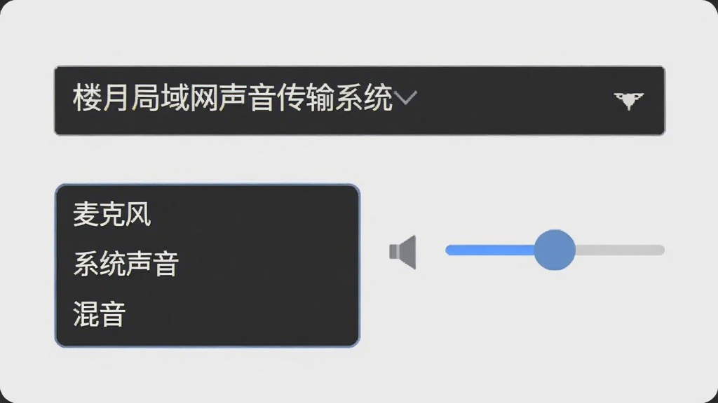 楼月局域网声音传输系统音频源选择界面,下拉菜单中显示麦克风、系统声音、混音选项,旁边有音量调节滑块,界面清晰简洁,背景为淡灰色,扁平化设计风格,画质干净,无多余元素