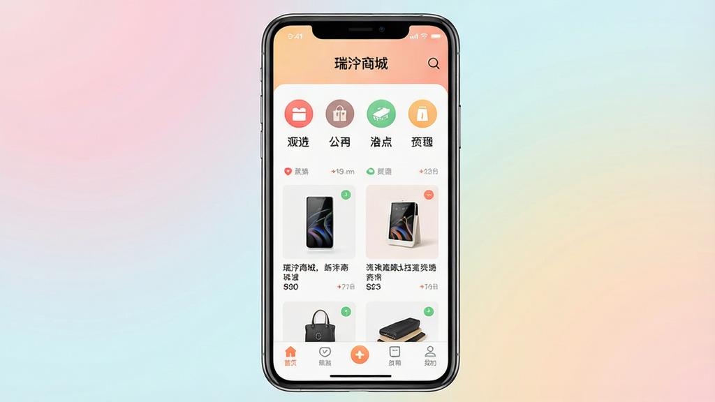 一幅展示现代智能手机屏幕的图片,屏幕中清晰显示“瑞沣商城”应用界面,界面包含丰富的商品分类图标、精美的商品展示图、底部导航栏,背景为柔和的渐变色,整体布局简洁大方,风格清新明亮,画质干净,无多余元素