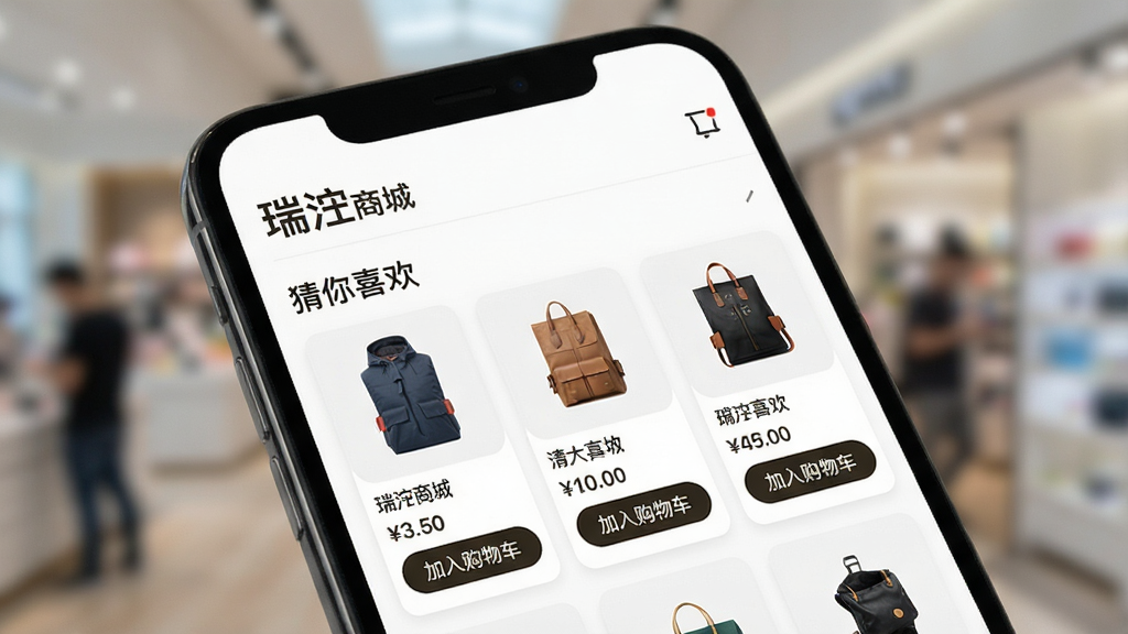 一幅智能手机屏幕特写,屏幕上展示“瑞沣商城”的“猜你喜欢”商品推荐列表,包含多张商品图片、价格标签和“加入购物车”按钮,界面采用卡片式布局,背景虚化突出主体,风格现代简约,画质清晰,无多余元素