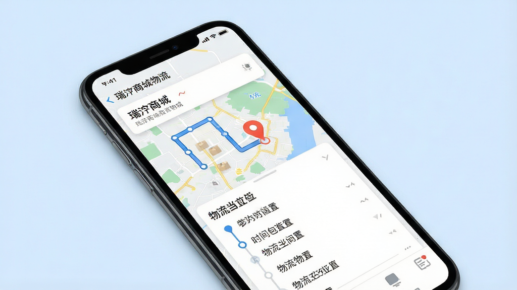 一幅展示手机物流跟踪界面的图片,屏幕中显示“瑞沣商城”的物流详情页,包含地图轨迹、包裹当前位置标记、物流时间线列表,背景为淡蓝色,风格简洁,信息清晰,画质干净,无多余元素