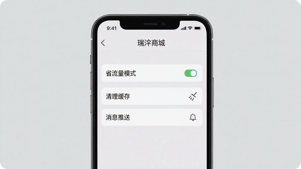 一幅展示智能手机操作界面的图片,屏幕中显示“瑞沣商城”的设置页面,包含“省流量模式”、“清理缓存”、“消息推送”等选项,背景为浅灰色,布局清晰,风格简洁,画质干净,无多余元素