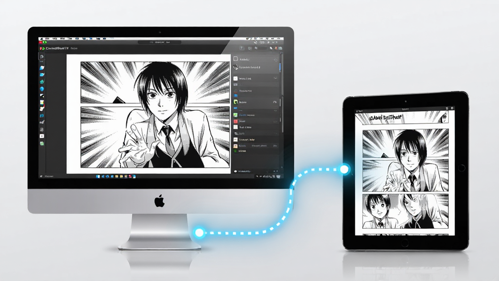 描绘ComicShelf软件阅读进度同步功能的示意图,主体为一部台式电脑与一部平板电脑并排摆放,屏幕上均显示同一本漫画的同一页面,画面中有一条明亮的连线连接两台设备,象征数据同步,现代科技感风格,布局平衡,排版简洁,画质高清,细节干净,无多余元素