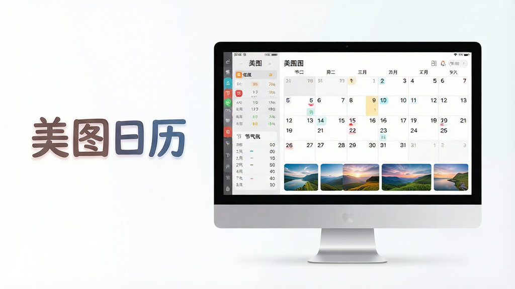 一幅展现美图日历核心功能的宽幅概念图,主体为一台运行着美图日历软件的现代简约风格电脑显示器,屏幕中清晰展示着当月日历网格,日期数字下方配有精美的高清风景壁纸缩略图,界面布局清爽,左侧有农历和节气信息。画面构图平衡,显示器位于画面中央偏右,左侧留白处悬浮着“美图日历”四个字的中文艺术字标题。整体风格为扁平化结合轻微拟物,色彩明亮通透,细节丰富,画质高清干净,无多余元素。