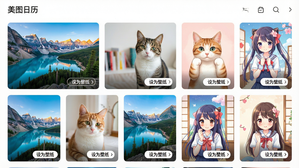 一张展示美图日历壁纸库界面的设计图,主体为软件内部的壁纸浏览页面,以网格布局展示多张风格各异的精美图片,包括壮丽的山川湖泊、可爱的猫咪、唯美的日系插画等,每张图片右下角有“设为壁纸”的按钮图标。画面主体为界面截图风格,布局规整,排版清晰,图片色彩鲜艳。整体风格干净明亮,细节精致,画质高清,无多余元素,界面左上角有“美图日历”字样。