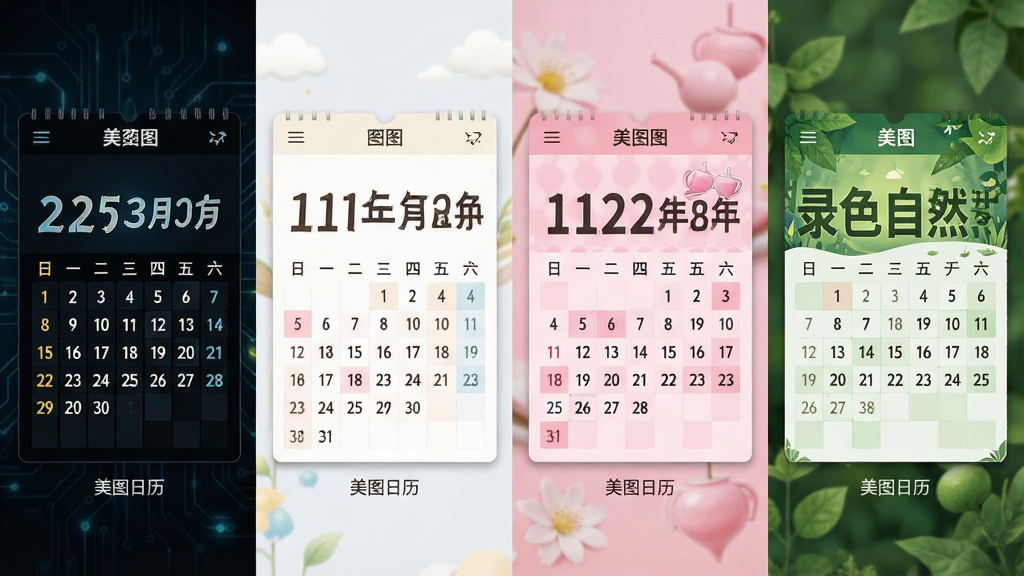一幅展示美图日历多种皮肤主题的对比图,主体为四个并排排列的日历界面缩略图,分别采用深色科技风、浅色简约风、粉色少女风和绿色自然风,每个界面风格迥异但都清晰显示日期。构图采用并列对比布局,排版规整,风格多样,细节丰富,画质清晰干净,无多余元素,每张缩略图下方有“美图日历”小字标识。