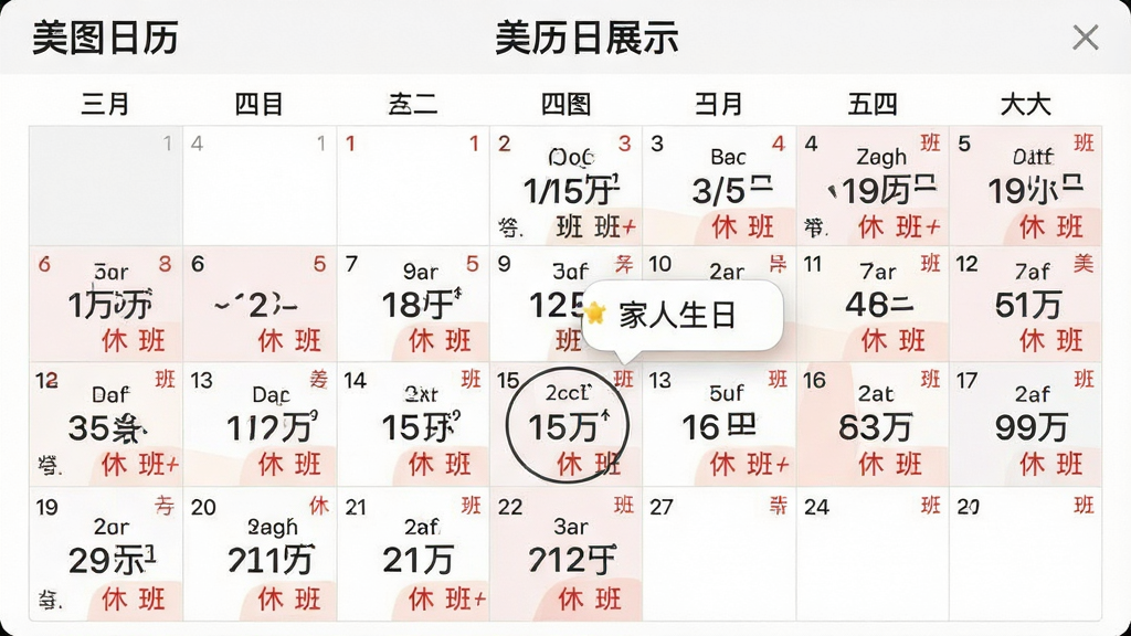一张美图日历农历界面的功能展示图,主体为日历的某个月份视图,日期格子中同时显示公历和农历数字,并用红色小字标注“休”或“班”字样,一个被圈出的日期上弹出提醒气泡,显示“家人生日”的提示。画面以界面截图为主体,布局清晰,排版整齐,风格简洁明快,色彩柔和,细节丰富,画质高清干净,界面顶部有“美图日历”标识。