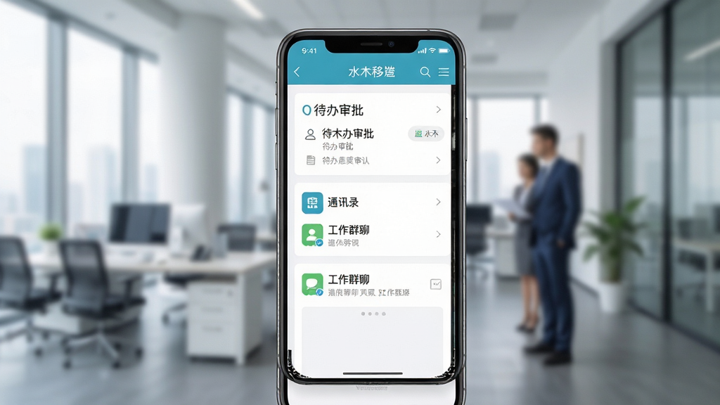 水木OA移动端APP界面,手机屏幕展示待办审批、通讯录、工作群聊,背景为商务办公场景,布局简洁,风格清新,画质高清,干净无多余元素