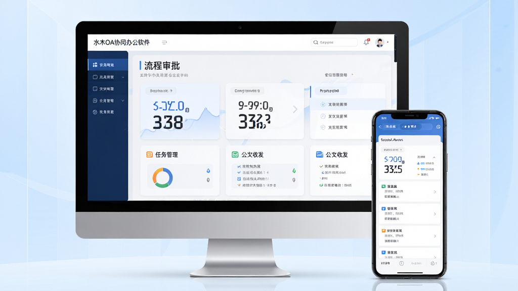 水木OA协同办公软件主视觉图,现代商务风格,界面展示流程审批、任务管理、公文收发等核心模块,背景为浅蓝色渐变,主体为电脑屏幕与手机同步界面,布局清晰,排版大气,细节丰富,画质高清,干净无多余元素