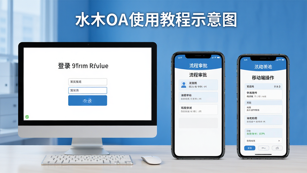 水木OA使用教程示意图,包含登录界面、流程审批、移动端操作,背景为桌面与手机组合,风格简洁明了,画质高清,干净无多余元素