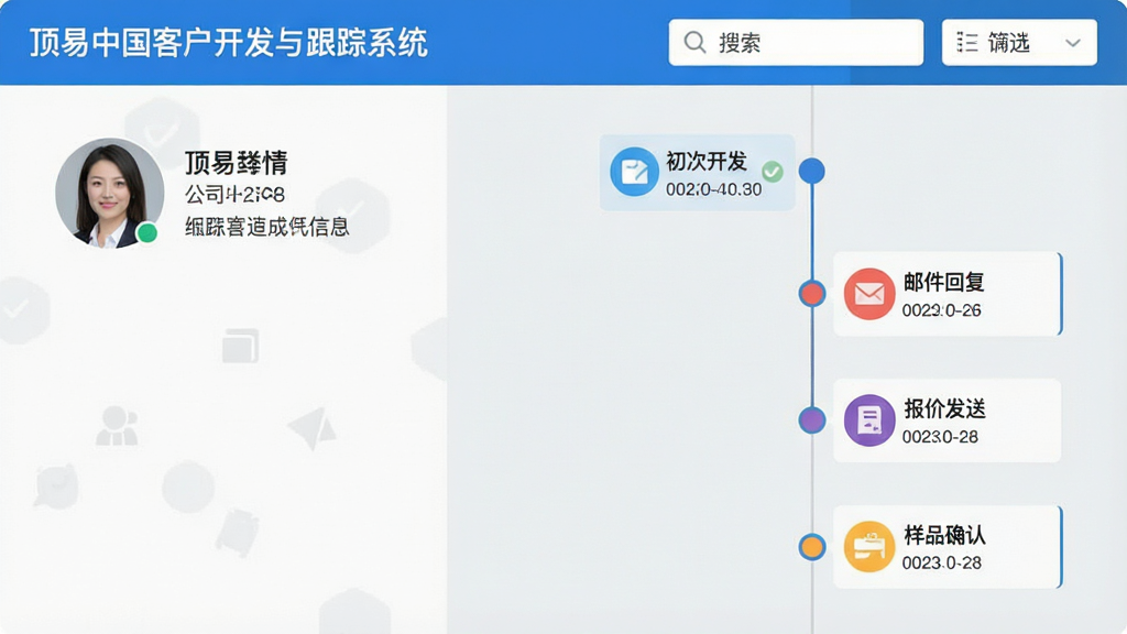 展示顶易中国客户开发与跟踪系统的客户跟进时间线界面,左侧是客户详情头像与公司信息,右侧是竖向时间轴,标注“初次开发”“邮件回复”“报价发送”“样品确认”等节点,每个节点有彩色图标和日期,顶部有搜索与筛选栏,整体浅灰背景搭配蓝色高亮,扁平化商务风格,画质清晰无多余元素,界面文字标注“顶易中国客户开发与跟踪系统”