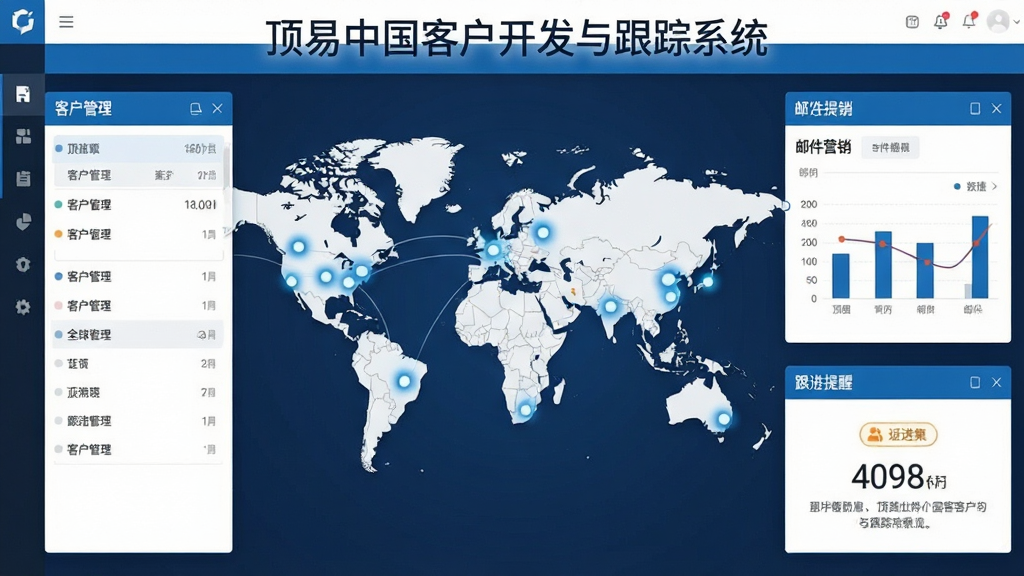 主视觉展示顶易中国客户开发与跟踪系统核心界面,画面中央是地球地图与全球买家数据分布点,周围环绕客户管理列表、邮件营销图表、跟进提醒窗口等模块,整体采用商务蓝白配色,扁平化设计风格,清晰展示软件功能全貌,画质高清干净,无多余元素,界面文字标注“顶易中国客户开发与跟踪系统”