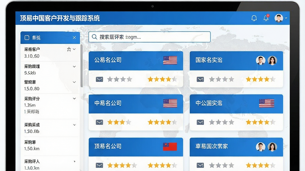 展示顶易中国客户开发与跟踪系统的全球买家数据搜索界面,左侧是筛选条件面板,右侧是买家列表卡片,每张卡片显示公司名、国家国旗、邮箱图标、采购评分星级,顶部搜索框输入关键词,背景为世界地图浅色纹理,整体科技感强,蓝白配色,扁平化UI设计,画质干净,无多余元素,界面文字标注“顶易中国客户开发与跟踪系统”