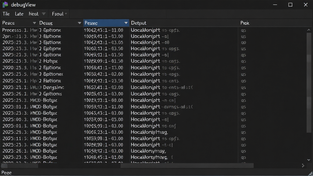DebugView软件主界面预览图,展示实时滚动的调试日志列表,界面简洁清晰,深色背景,日志按时间顺序排列,包含进程名、输出内容等列,风格专业,高分辨率,干净无多余元素