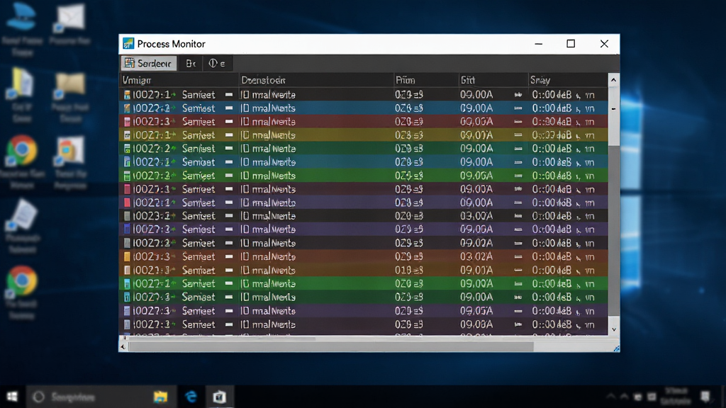 Process Monitor运行在Windows桌面上,界面清晰显示多条彩色高亮的监控记录,背景为模糊的桌面壁纸,风格写实,布局规整,细节丰富,画质干净,无多余元素