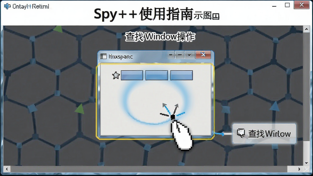 Spy++使用指南示意图,展示查找窗口操作步骤,鼠标点击高亮,界面清晰,图文并茂,高画质,干净无多余元素