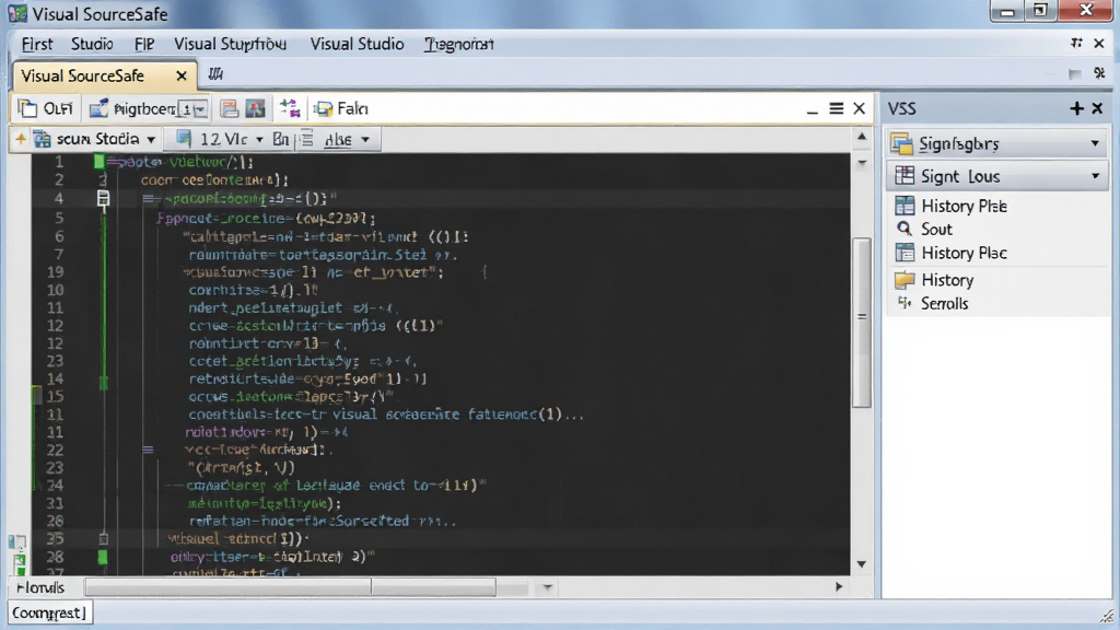 Visual SourceSafe ��Visual Studio���ɽ��棬����༭�������Ҳ���ʾVSS������������ǩ�롢ǩ������ʷ��¼��ť�����ڲ��ֺ�����ɫ�ʴ���Э���������������ɾ��޶���Ԫ��