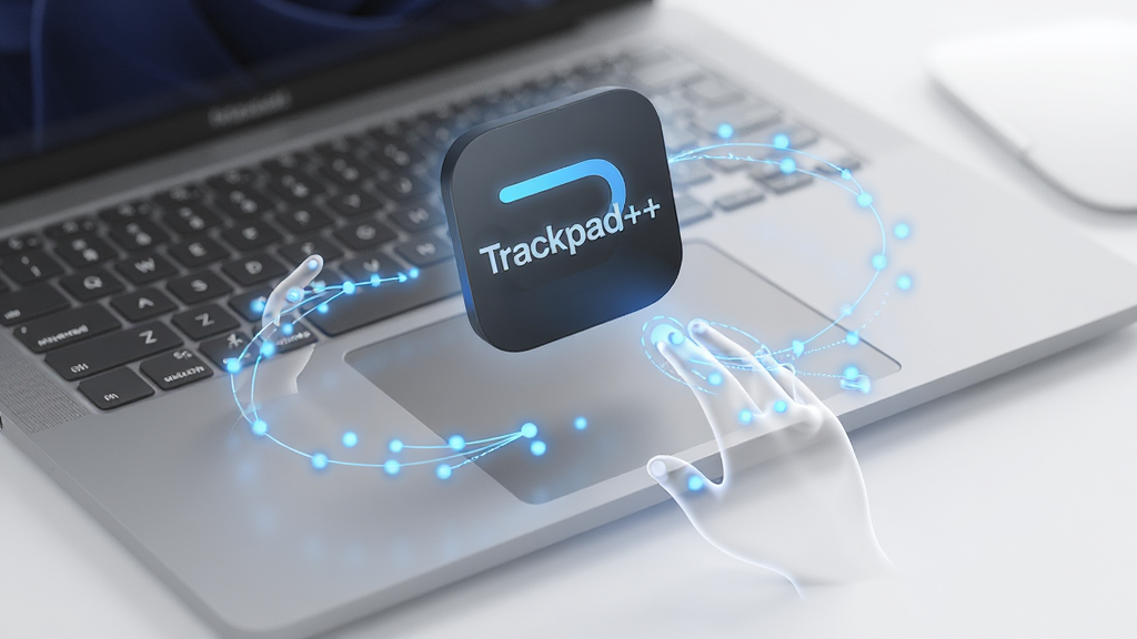 一张现代极简风格的3D渲染图,主体是“Trackpad++”软件图标悬浮在笔记本电脑触控板上方,周围环绕着代表多点触控的蓝色光点与手势轨迹线条,布局居中,排版清爽,风格科技感强,细节呈现光点与轨迹的流畅感,画质高清晰度,干净无多余元素