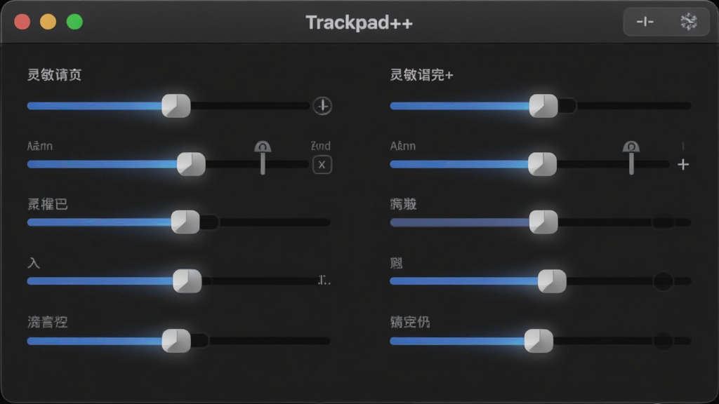 一张展示“Trackpad++”调节滑块的界面图片,主体是设置面板中的灵敏度调节区域,有多个滑动条,布局左右对称,排版整洁,风格为深色模式UI,细节突出滑块上的渐变高光,画质细腻,干净无多余元素
