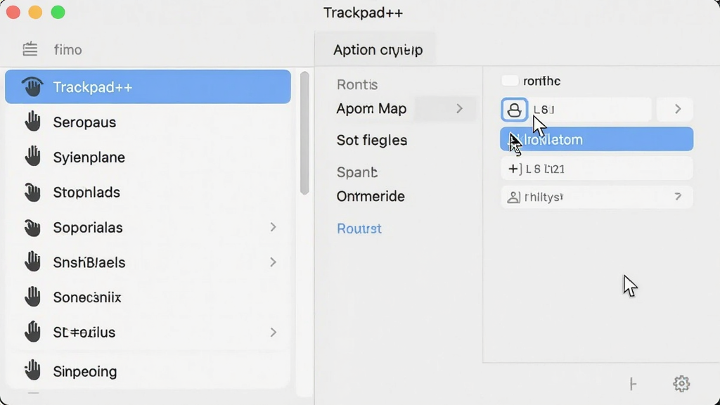 显示“Trackpad++”软件设置界面的截图风格图片,主体是手势编辑窗口,左侧列出各种手势项目,右侧是动作映射选项,布局清晰,排版规整,风格为扁平化UI设计,细节包含鼠标指针与高亮选中的菜单项,画质清晰,干净无多余元素