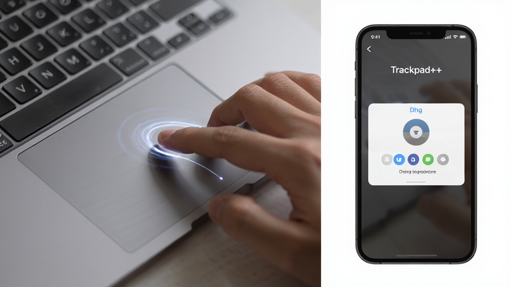 一张显示电脑与手机连接使用“Trackpad++”软件的示意图,主体是笔记本电脑触控板特写与手机屏幕上的配对界面,布局为左右分屏,排版和谐,风格偏向写实摄影,细节有手指在触控板上滑动产生的光线轨迹,画质高清,干净无多余元素