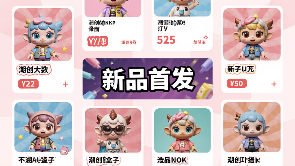 ���壺����ä��APP����Ʒ�׷�ҳ�棬չʾ�������IPϵ�У�ÿ��ϵ���Կ�Ƭ��ʽ���У����֣�����״���У����������С���Ʒ�׷���������Ű棺��Ϣ��ʽ���֣�ͻ��ϵ�з���ͼ�����ƣ���񣺻���ʱ�У�����Ϊ����ɫ���ɫ��䣻ϸ�ڣ�ÿ����Ƭ��IP��ɫ����ϵ�����ƺͼ۸��ǩ�����ʣ�������Ⱦ��ɫ�ʱ��ͣ��ɾ��޶���Ԫ��