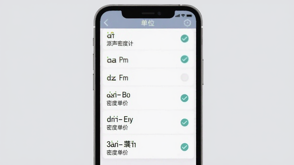派声密度计的单位选择界面截图,主体是手机屏幕,显示多个密度单位选项列表,每个单位旁有对勾标记,背景为浅灰色纯色,布局为列表式,排版整齐,风格扁平化,细节有单位符号和中文名称,画质干净,无多余元素