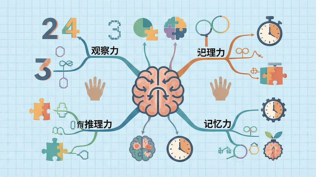 主体为一张思维导图式插画,中心为大脑图标,四周环绕数字、形状、拼图、时钟等元素,标注“观察力”“推理力”“记忆力”等文字,背景为浅蓝色网格,扁平化设计,色彩和谐,细节丰富,画质干净,无多余元素