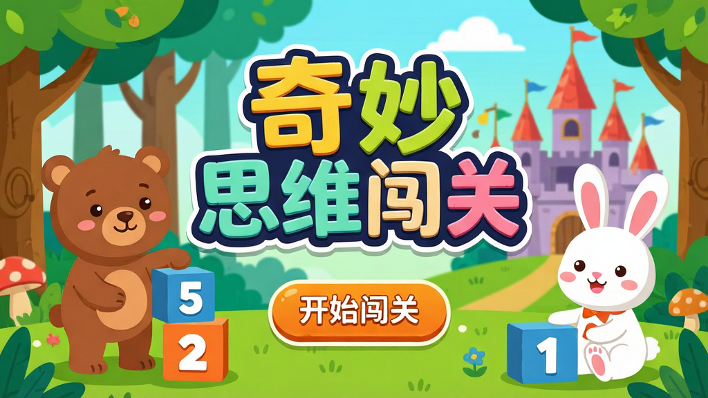 画面主体为可爱的卡通小动物(如小熊、兔子)与数字积木,背景是色彩明亮的森林或城堡场景,中央显示“奇妙思维闯关”艺术字标题,下方有“开始闯关”按钮,整体布局清爽,扁平化插画风格,色彩饱和度高,细节丰富,画质干净,无多余元素