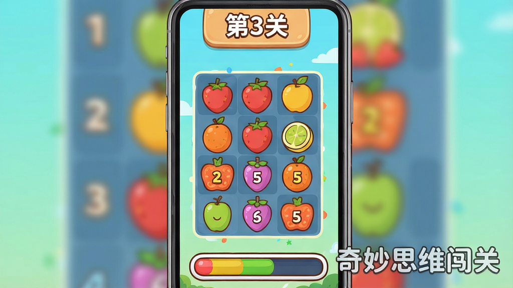主体为手机竖屏游戏界面,展示一个由水果与数字组成的配对关卡,上方有“第3关”标识,下方有卡通进度条,界面有“奇妙思维闯关”水印,扁平卡通风格,色彩明快,线条圆润,画质清晰,干净无多余元素