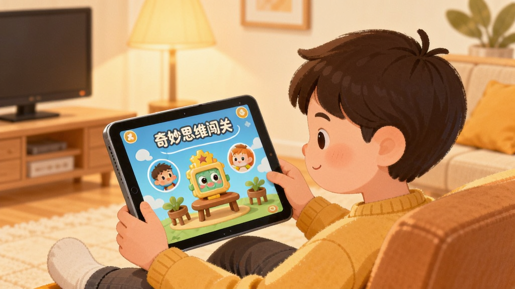 主体为家长与孩子一起使用平板电脑的温馨场景,屏幕上有“奇妙思维闯关”界面,背景为温馨的客厅,整体暖色调,插画风格,细节柔和,画质温暖,干净无多余元素