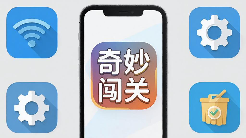主体为手机屏幕显示“奇妙思维闯关”应用图标,周围有Wi-Fi、设置齿轮、清理缓存图标,背景为浅灰色,扁平化图标设计,风格简洁,细节清晰,画质干净,无多余元素