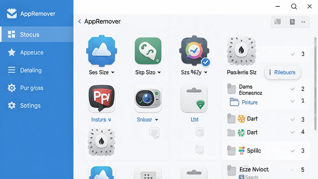 AppRemover 主界面预览,展示扫描结果列表,左侧为功能导航栏,右侧为待清理的软件图标和残留文件列表,整体界面简洁清晰,采用蓝白配色,扁平化设计风格,细节精致,画质高清,干净无多余元素