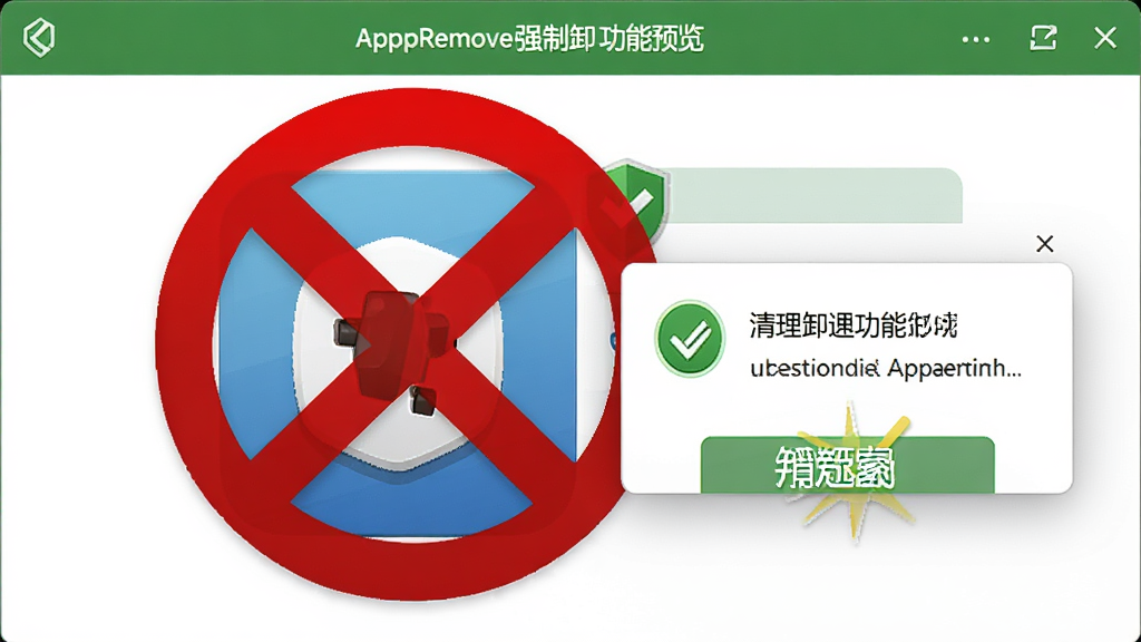 AppRemover 强制卸载功能预览,界面展示一个顽固软件图标被红色禁止标志覆盖,周围有清理完成的提示弹窗,整体风格偏安全工具类,绿色和红色配色,画质高清,细节丰富,无多余元素