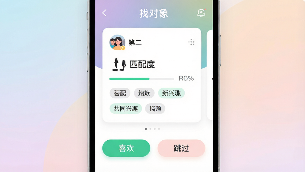一张展示“找对象”应用智能匹配功能的界面截图设计,主体为手机屏幕上的匹配结果页面,布局上方为推荐用户卡片,卡片上显示匹配度百分比与共同兴趣标签,下方为“喜欢”与“跳过”按钮,风格为现代UI设计,细节包括柔和的渐变背景与清晰的图标,画质高清干净,无多余元素,图片中文字标注“找对象”。