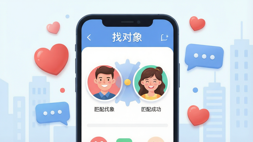 一幅展示现代都市单身男女通过手机应用愉快交流的插画,主体为手机屏幕上的“找对象”应用界面,界面中显示两位微笑的男女用户头像与匹配成功动画,布局以手机为中心,周围环绕爱心与对话气泡,排版清晰,风格为扁平化清新插画,细节包括真实感的光影与圆角元素,画质高清干净,无多余元素,图片中文字标注“找对象”。