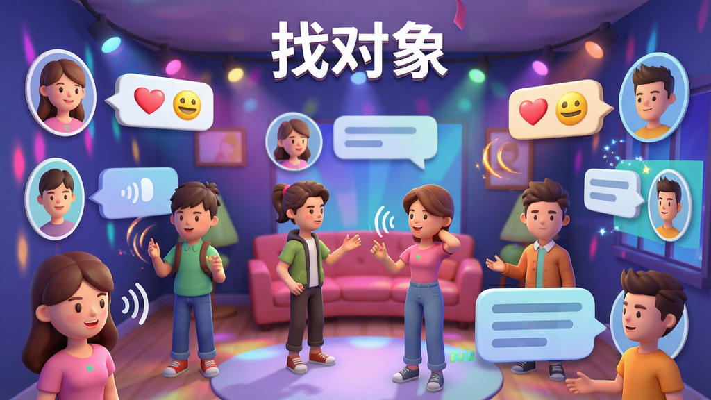 一张展示“找对象”应用丰富互动玩法的场景插画,主体为多位年轻人在虚拟派对房间中通过语音和文字交流,布局为房间内分布着卡通人物头像与对话气泡,气泡内带有爱心和笑脸符号,风格为活泼的3D卡通渲染,细节包括彩色灯光与动态效果,画质清晰明亮,无多余元素,图片中文字标注“找对象”。