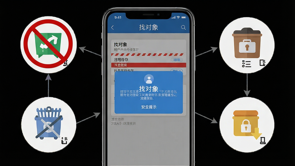 一张展示用户正在手机上操作“找对象”应用教程步骤的示意图,主体为手机屏幕上的设置界面与安全提示弹窗,布局为手机居中,周围环绕着禁止转账、清理缓存等图标,风格为简洁的说明书风格,细节包括红色警示线与蓝色信息框,画质清晰,无多余元素,图片中文字标注“找对象”。