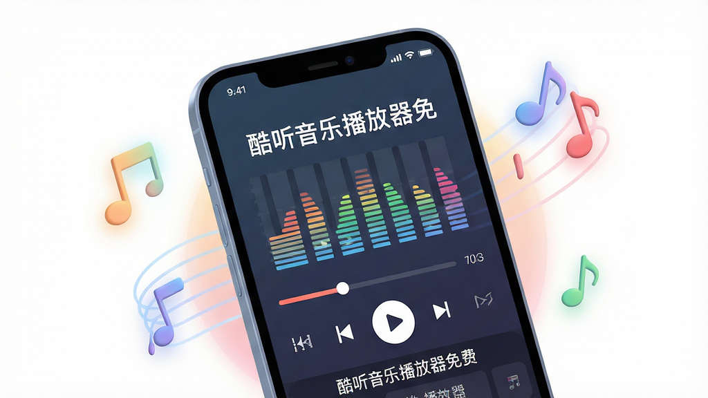 主体为一部正在播放动感音乐的智能手机,屏幕显示“酷听音乐播放器免费”字样与均衡器动态波形,手机周围漂浮着音符和柔和的光晕;布局采用手机居中特写,四周留白突出主体;排版干净利落,音乐元素环绕分布;风格为现代扁平结合轻微3D质感,色彩明快通透;细节包括屏幕上的播放界面、进度条与歌词滚动;画质高清细腻,整体干净无多余元素