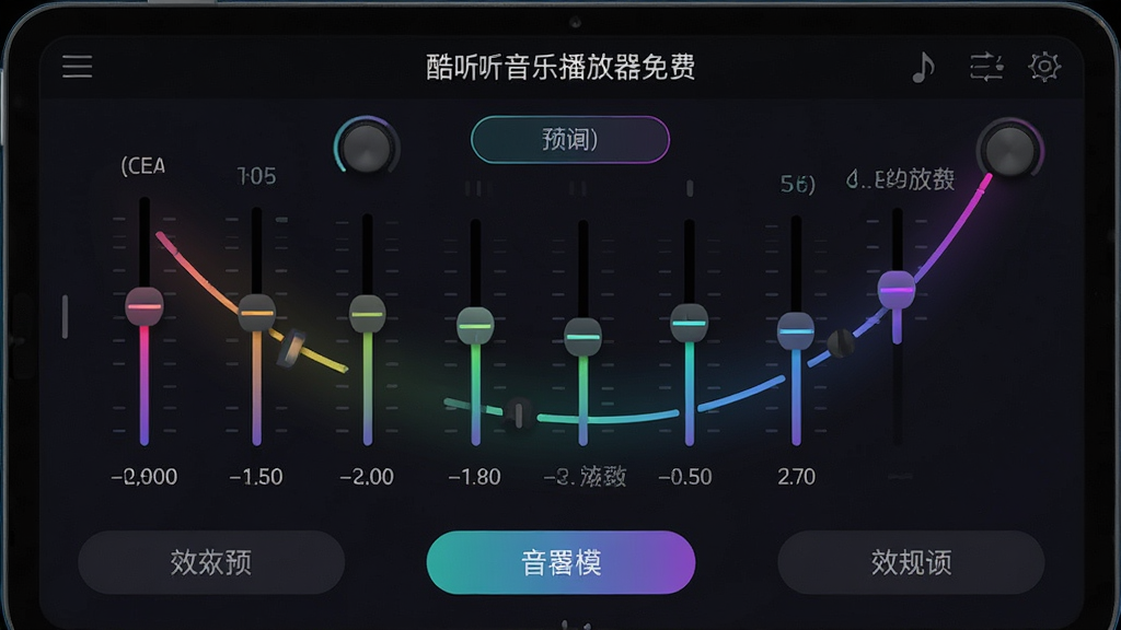 主体为“酷听音乐播放器免费”的均衡器调节界面特写,屏幕上有多个可拖动的调音滑块与音效预设按钮;布局强调界面美观与功能直观;排版将滑块排列成曲线形状,突出个性化调节;风格简洁时尚,色彩以深色背景搭配炫彩光效;细节展示具体频率数值与当前音效模式名称;画质高清干净无多余元素