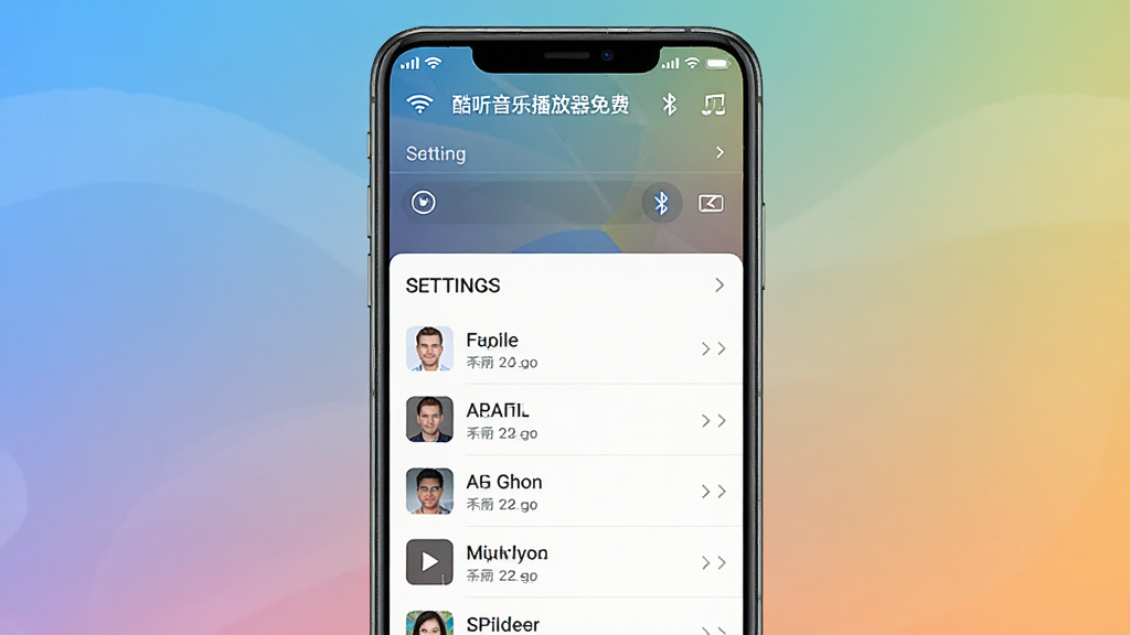 主体为一部手机运行“酷听音乐播放器免费”,屏幕上显示设置菜单与播放列表;布局采用手机屏幕居中,背景为简洁的纯色渐变;排版突出操作选项的清晰布局;风格干净明亮;细节包括Wi-Fi图标、蓝牙图标与电量状态栏;画质高清干净无多余元素