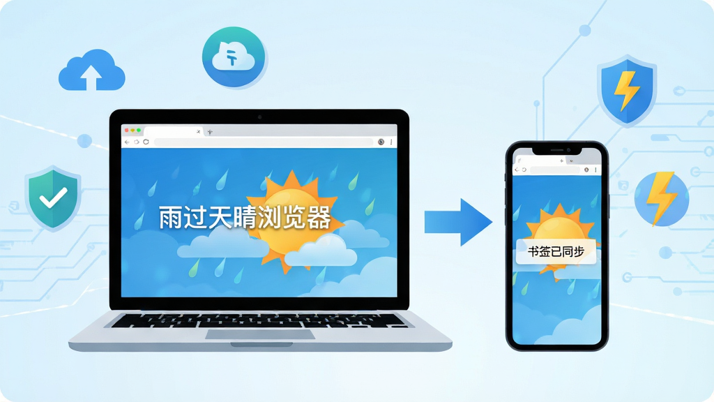 主体:一台笔记本电脑和一部手机并排摆放,屏幕上均显示雨过天晴浏览器的主界面,周围有云同步、安全盾牌、闪电图标等元素。布局:左右对称,电脑在左,手机在右,中间有箭头连接表示同步。排版:图标环绕,色彩明亮。风格:科技感插画风,扁平化设计,背景为淡蓝色渐变。细节:电脑屏幕上有“雨过天晴浏览器”字样,手机屏幕上有“书签已同步”提示。画质:高清,干净,无多余元素。