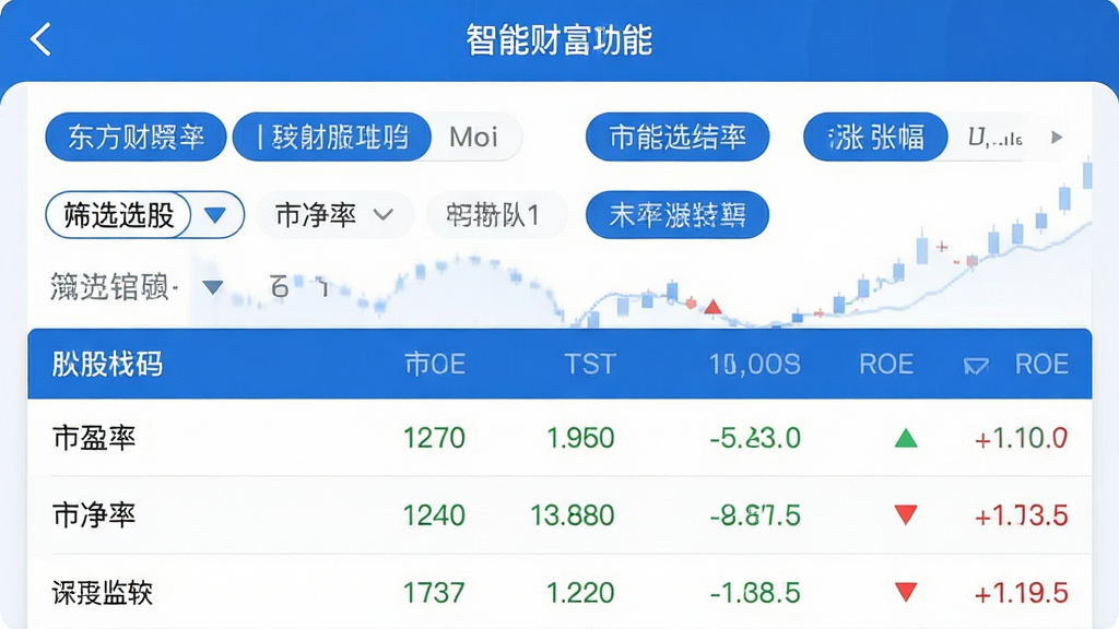 ���壺�����Ƹ�App������ѡ�ɹ��ܽ��棬չʾɸѡ�����ͽ���б������֣��Ϸ�Ϊɸѡ����ѡ��·�Ϊ���������Ĺ�Ʊ�б����Ű棺������ˣ�������ǩ�ɵ�����������������ɫ��ͼ�����ϸ�ڣ���ӯ�ʡ��о��ʡ�ROE��ָ�꣬��Ʊ���룬�ǵ�����ɫ�����ʣ����壬�ɾ����޶���Ԫ�ء�