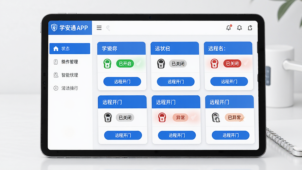 ���壺ѧ��ͨAPP���Ž��������棬��ʾ��������״̬�б���Զ�̲�����ť�����֣�ƽ����Ժ���չʾ���������Ϊ���ܲ˵����Ҳ�Ϊ����״̬��Ƭ���Ű棺��Ƭʽ���֣�ÿ�ſ�Ƭ���������ơ�״̬ͼ��Ͳ�����ť����񣺼������磬������ɫ��ϸ�ڣ���Ƭ�ϱ�ע���ѿ��������ѹرա����쳣����״̬���С�Զ�̿��š���ť�����涥���С�ѧ��ͨ�����������ʣ�������Ⱦ��ϸ�ڷḻ�������ɾ���