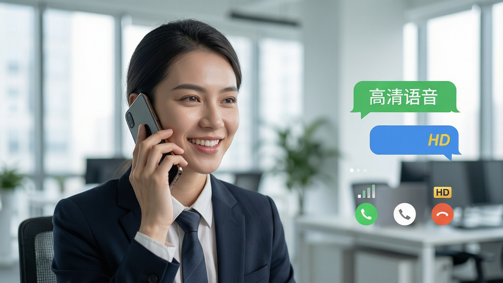 主体:如意宝电话高清通话场景,一位年轻白领在办公室使用手机通话。布局:人物位于画面中央偏左,右侧显示通话界面气泡,标注“高清语音”。排版:背景为现代化办公室,虚化处理。风格:写实风格,明亮自然光。细节:人物表情愉悦,通话界面显示信号满格和“HD”标识。画质:高清,干净,无多余元素