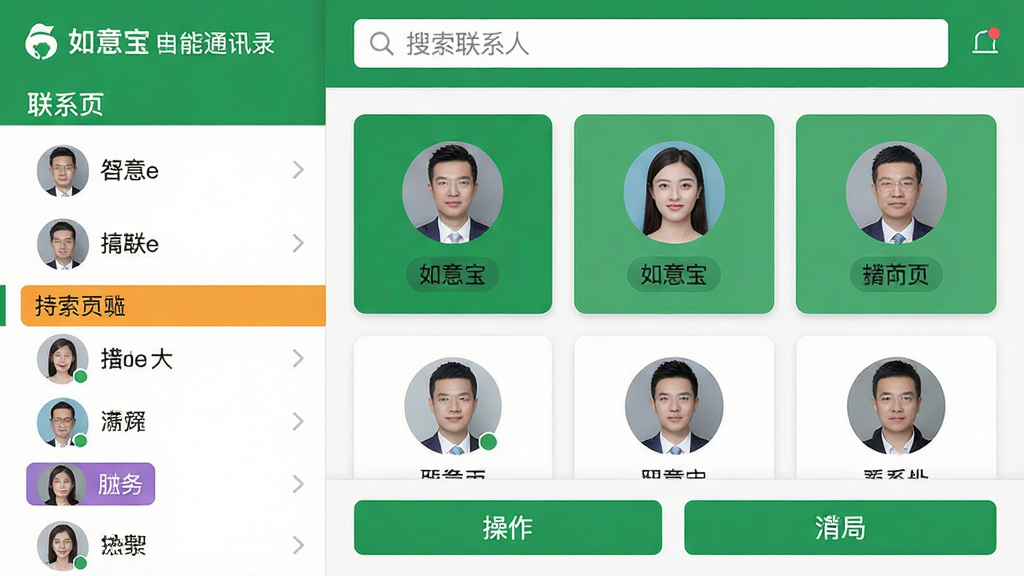 主体:如意宝电话智能通讯录管理界面截图。布局:左侧为联系人分组列表,右侧为联系人详情卡片。排版:界面层级分明,顶部搜索栏,中部联系人卡片,底部操作按钮。风格:扁平化设计,绿色与白色配色。细节:联系人头像清晰,分组标签颜色不同,搜索框有“搜索联系人”提示文字。画质:高清,干净,无多余元素