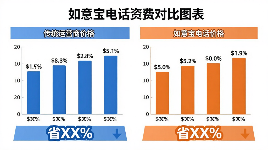 主体:如意宝电话资费对比图表,展示与传统运营商的价格对比。布局:左侧为传统运营商价格柱状图,右侧为如意宝电话价格柱状图,下方标注“省XX%”。排版:图表简洁明了,颜色对比鲜明。风格:商务简约风,蓝色与橙色为主。细节:价格标签清晰,百分比数值突出。画质:高清,干净,无多余元素