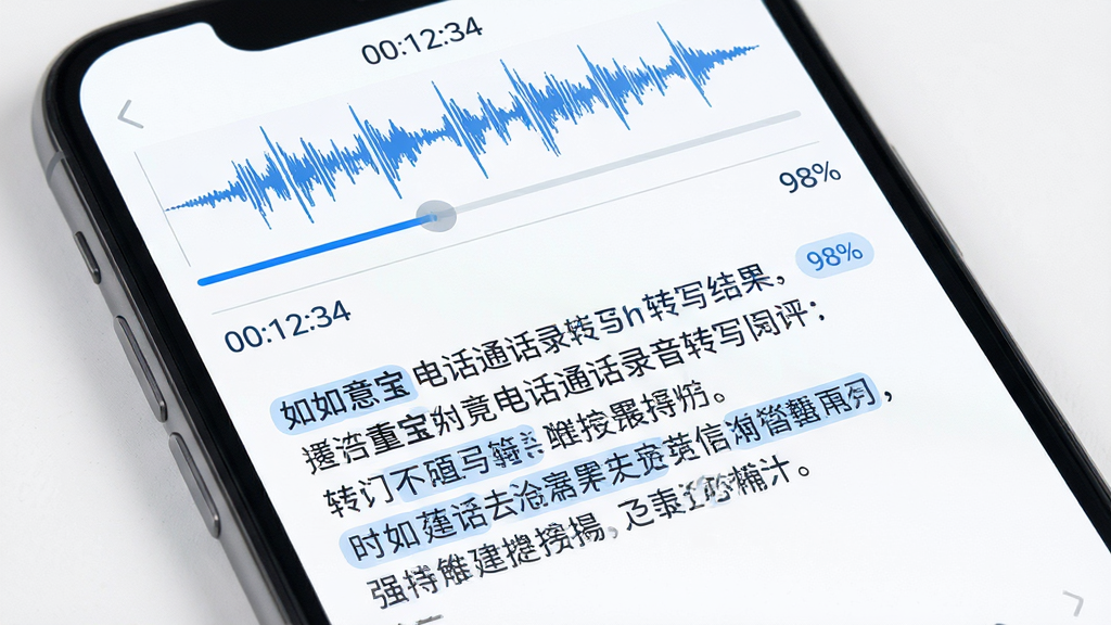 主体:如意宝电话通话录音转写界面,手机屏幕上显示录音波形图和文字转写结果。布局:上方为录音进度条,下方为转写文字段落。排版:文字清晰,关键词高亮。风格:简洁科技风,白色背景,蓝色点缀。细节:录音时间显示“00:12:34”,转写准确率标注“98%”。画质:高清,干净,无多余元素